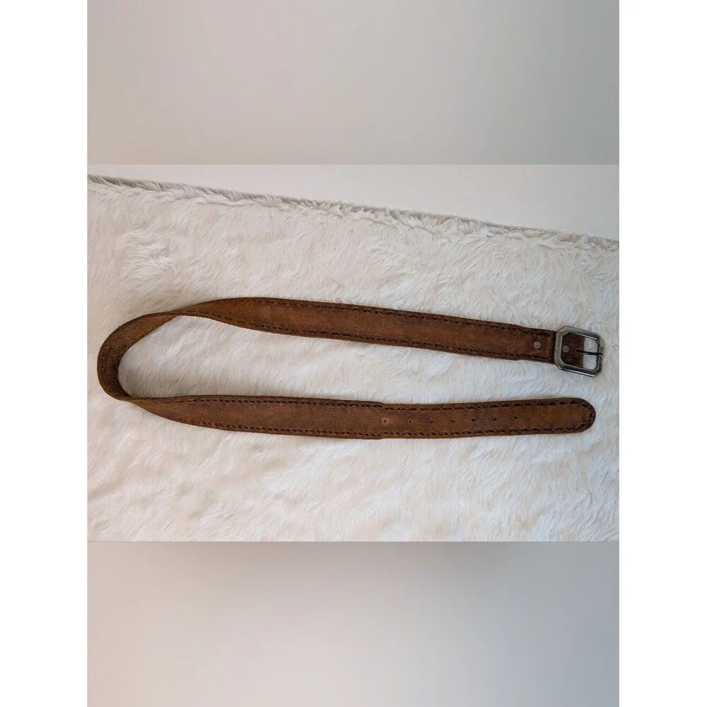 True Religion Brown Suede Leather Belt with Silver Buckle Think Stitch